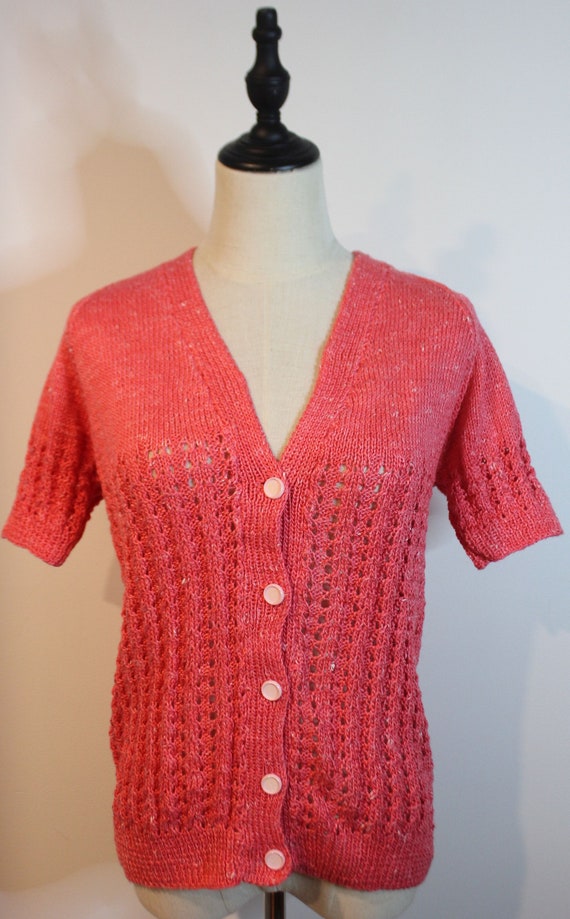 Vintage Handknit Crocheted Coral White Cable Knit 