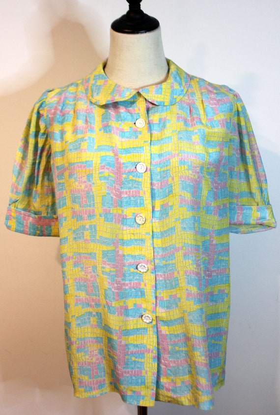 Vintage 60's Pastel Blue Yellow Pink Geometric Sil