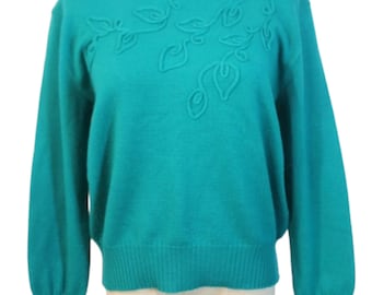 Vintage 1980s Size 14 Slade Turquoise Green Pure Wool Applique Jumper Sweater