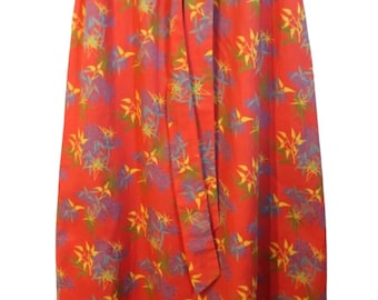 Vintage 1970's Size 14 Red Blue Yellow Green Tropical Floral Cotton Belted Skirt