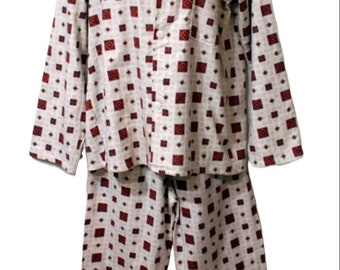 Vintage 1970&#39;s Mens White Burgundy Geometric Flannelette Cotton Pajamas S  NOS