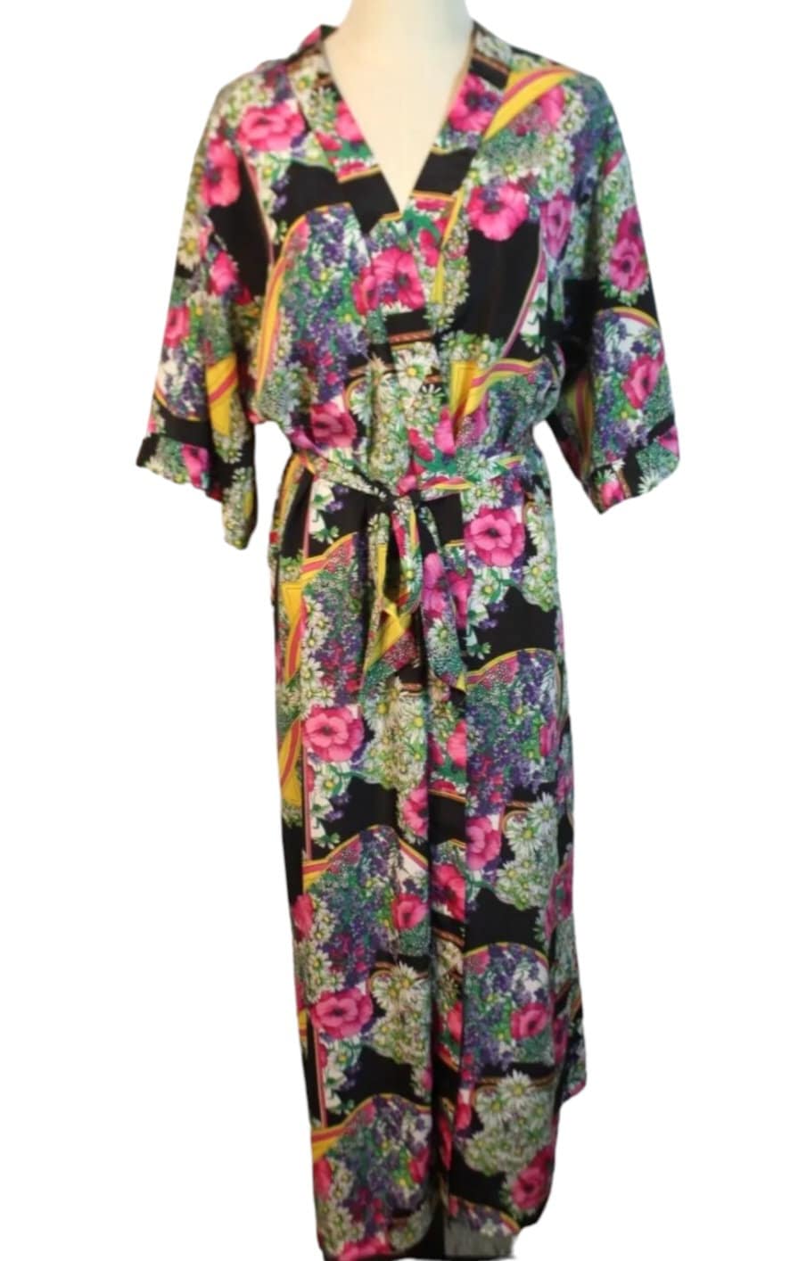 Vintage 1980's 12 Black Coloured Floral  Long Belted Dressing Gown Robe