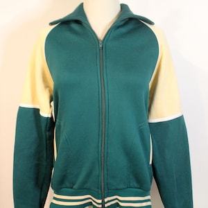 Vintage 1970er Herren Grün Creme Langarm Geek Sport Track Freizeitjacke S