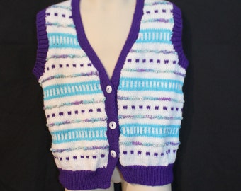 Handknit Handmade Kids Size 5-6 White Aqua Blue Purple Textured Sleeveless Vest