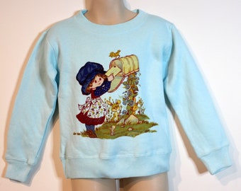 Vintage 70's ~ Girls Light Blue Cotton Fleecy Cottagecore Girl Printed Jumper 4