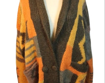 Vintage 1980&#39;s Size 14-16 Handknitted Mohair Wool Orange Brown Cardigan Jumper