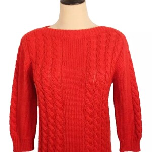 Vintage 1980&#39;s Size S 10 Red Acrylic Cable Knit Boat Neck Jumper Sweater
