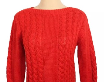 Maglione con scollo a barchetta lavorato a trecce in acrilico rosso taglia S 10 vintage anni '80