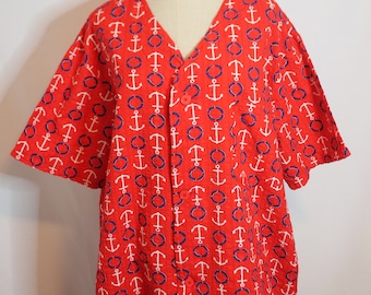 Vintage 70's Mens Size L Red White Blue Anchors Seersucker Cotton Pajama Set PJs
