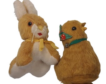 Vintage 1960&#39;s Golden Yellow Chicken and Bunny Rabbit Plush Soft Toys