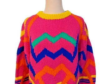Vintage 1980s Size M 14 Shetland Wool Bright Colours Geometric New Wave Jumper