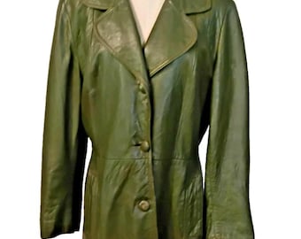 Chaqueta larga de cuero verde oliva Trojan vintage de los años 70, talla 10-12