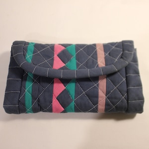 Handmade Blue Pink Green Quilted Cotton Tri-Fold Money Make-Up Purse Wallet