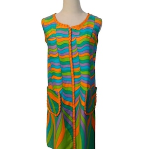 Vintage 1960s Size 12 Orange Green Purple Geometric Cotton Go-Go Mod Shift Dress