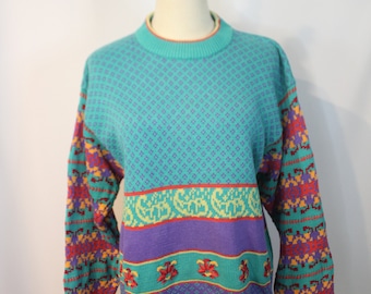 Vintage 1980's Oke Size M 14 Turquoise Purple Yellow Red Geometric Cotton Jumper