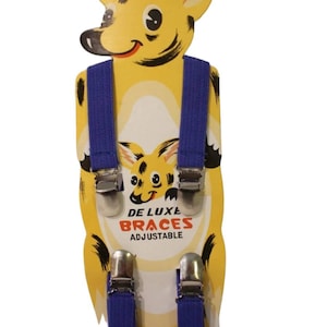 Vintage 1960&#39;s 70&#39;s Kids Royal Blue Adjustable Elastic Braces Suspenders Cute Package NOS