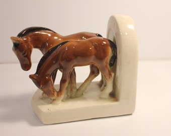 Vintage 60's Mare & Foal Chestnut Horse Glazed Ceramic Book End Ornament