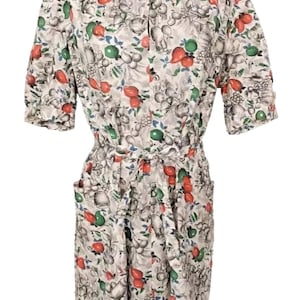 Vintage 1950&#39;s Size 14-16 Handmade White Green Red Apples Fruit Cotton Dress