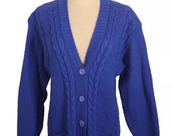 Cardigan torsadé bleu électrique en laine mélangée, taille M 12-14, vintage des années 1980