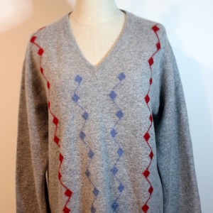 Vintage 1970&#39;s Lyle & Scott Heather Grey Red Blue Geometric Wool Angora Jumper L