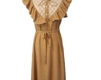 Vintage 1970&#39;s Size 10 Tan Cream Lace Prairie Western Short Sleeve Day Dress