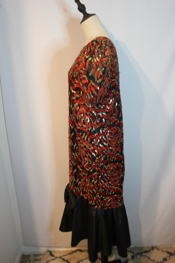 Vintage 80's Red Gold Metallic Embellished Black … - image 7