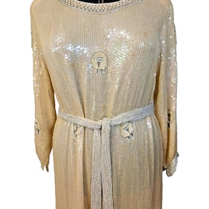 Vintage 1970&#39;s Size 2X 18 Cream Silk Beads Sequins Art Deco 30&#39;s Evening Dress