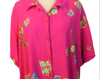 Vintage 1980's Size 14 Hot Pink Geometric Floral New Wave Rayon Shirt Blouse