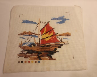 Vintage 1970's Needlepoint Tapestry Kit Yacht Sailing Boat Wool Yarn Canvas