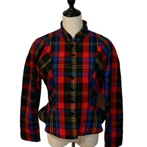 Vintage 1980&#39;s Size 12 Red Blue Black Check Plaid Pure Wool Fitted Blazer Jacket