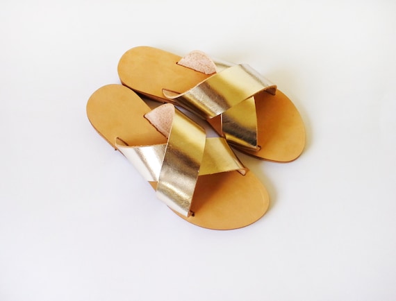 Greek leather slides,metallic slides metallic sandals Gold crisscross slides leather slides gold sandals womens slides womens sandals