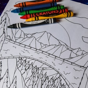 A bridge above a stream colouring in page - Instant download, colouring in, colouring in page, landscape