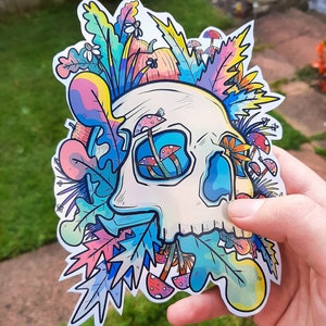 The colourful mushrooms and the skull sticker - holographic sticker, skull sticker, nature sticker, glossy sticker