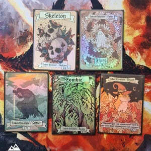 May include: Five fantasy-themed trading card game tokens. The cards feature illustrations of a skeleton, a ghost, a soldier, a zombie, and a wizard. Each card has a unique design and text, with a colourful background.