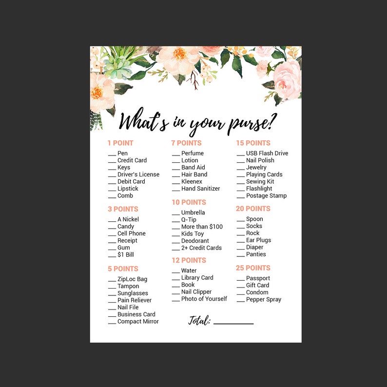 Whats In Your Purse Baby Shower Games Baby Shower Gift Etsy