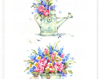 FLOWERS FOR YOU, Watercolour art card, Printed Personalised Greeting Card, Unique note card, Bouquets of roses with mixed garden flowers