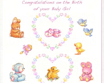 Baby Girl Birth Congratulations Card, Personalised cute new baby card, Printed birth announcement card with cuddly toys, First birthday card