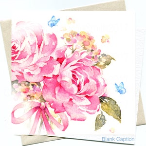 Rose Bouquet with Blue Butterflies, Watercolour flower art card, Printed personalised greeting card, Card for mum, Blank note card