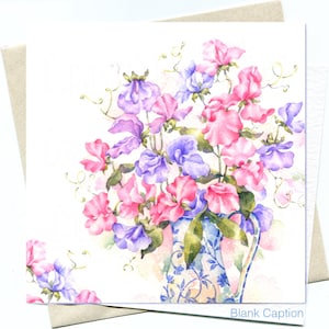 Sweet Peas in a Jug, gedruckte Aquarell Blumenkarte, personalisierte Notizkarte, Spezielle Karte für Mama, Zarte Pastellrosa und Flieder Blumen