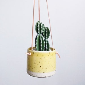 Yellow Hanging Pot Genuine leather flat cords Cylinder flower vase/pot/planter freckles / spots body pastel colour image 1