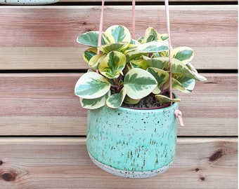 Green Hanging Pot - Genuine leather flat cords - Cylinder flower vase/pot/planter - freckles / spots body - pastel colour
