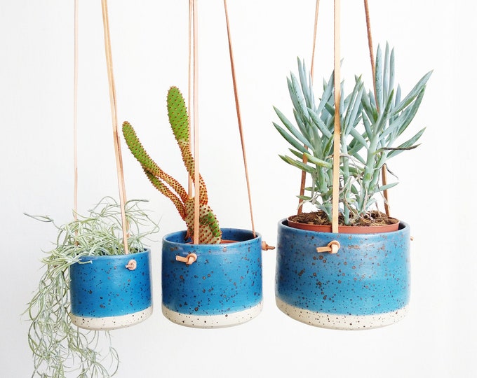 Dark Blue Hanging Pot Genuine Leather Flat Cords Cylinder Flower Vase