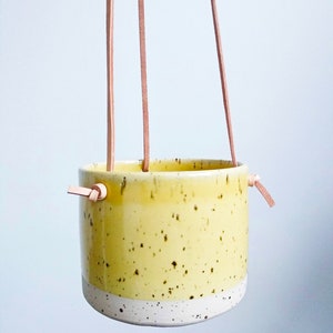 Yellow Hanging Pot Genuine leather flat cords Cylinder flower vase/pot/planter freckles / spots body pastel colour image 8
