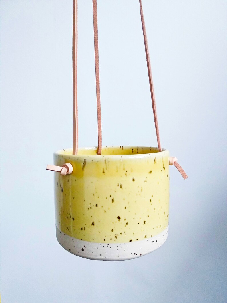 Yellow Hanging Pot Genuine leather flat cords Cylinder flower vase/pot/planter freckles / spots body pastel colour image 8