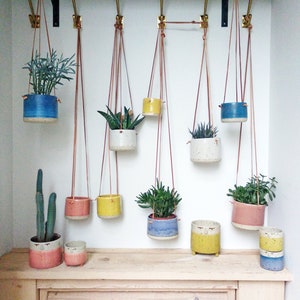 Yellow Hanging Pot Genuine leather flat cords Cylinder flower vase/pot/planter freckles / spots body pastel colour image 4