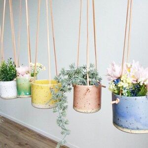 Yellow Hanging Pot Genuine leather flat cords Cylinder flower vase/pot/planter freckles / spots body pastel colour image 5