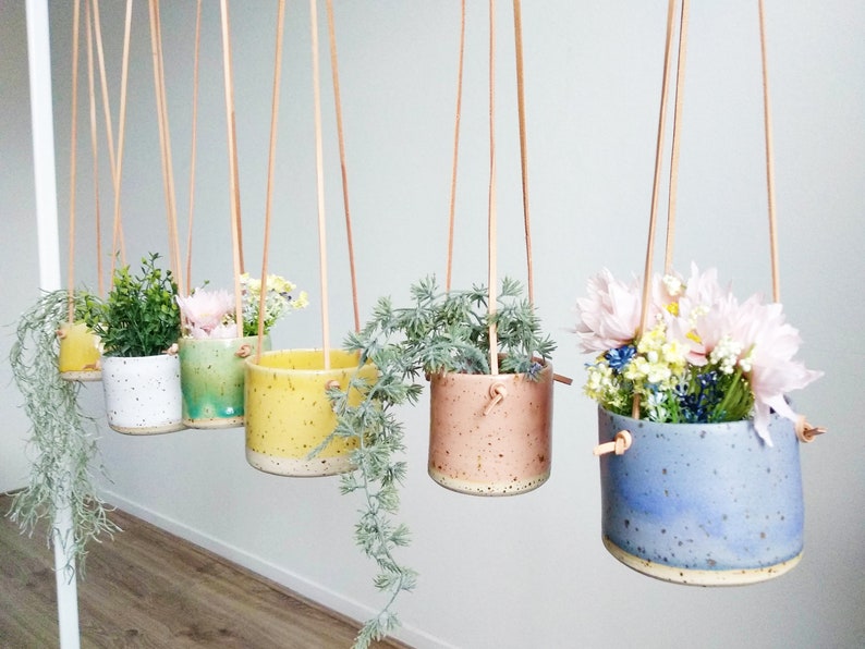 Yellow Hanging Pot Genuine leather flat cords Cylinder flower vase/pot/planter freckles / spots body pastel colour image 5