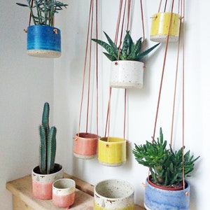 Yellow Hanging Pot Genuine leather flat cords Cylinder flower vase/pot/planter freckles / spots body pastel colour image 2