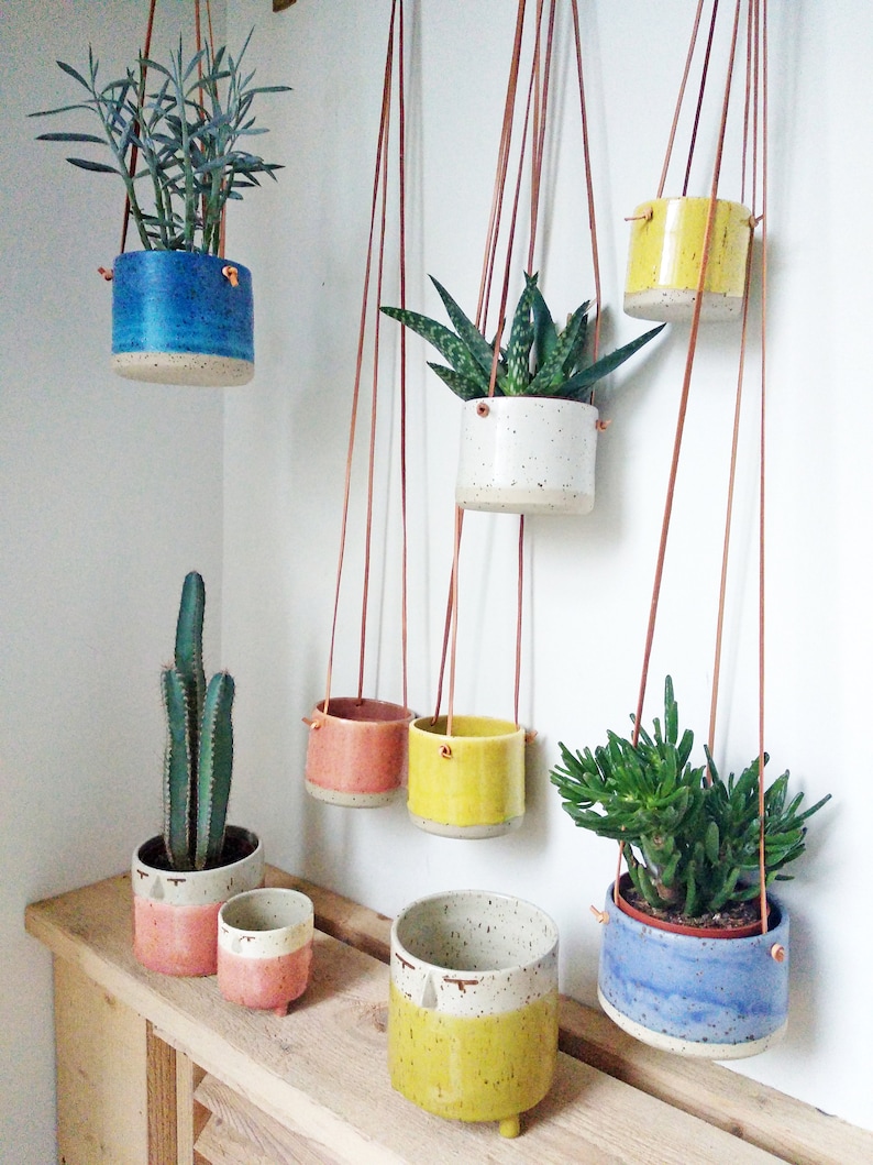 Yellow Hanging Pot Genuine leather flat cords Cylinder flower vase/pot/planter freckles / spots body pastel colour image 2