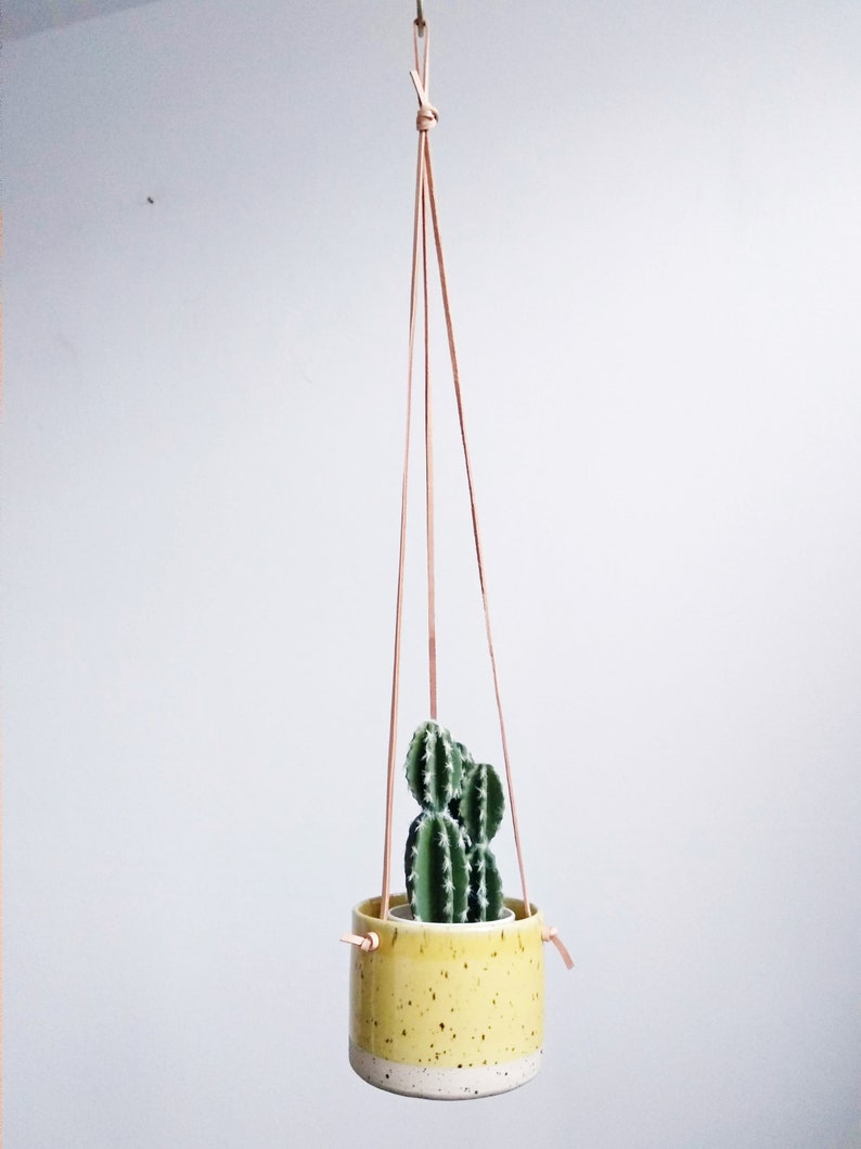 Yellow Hanging Pot Genuine leather flat cords Cylinder flower vase/pot/planter freckles / spots body pastel colour image 1